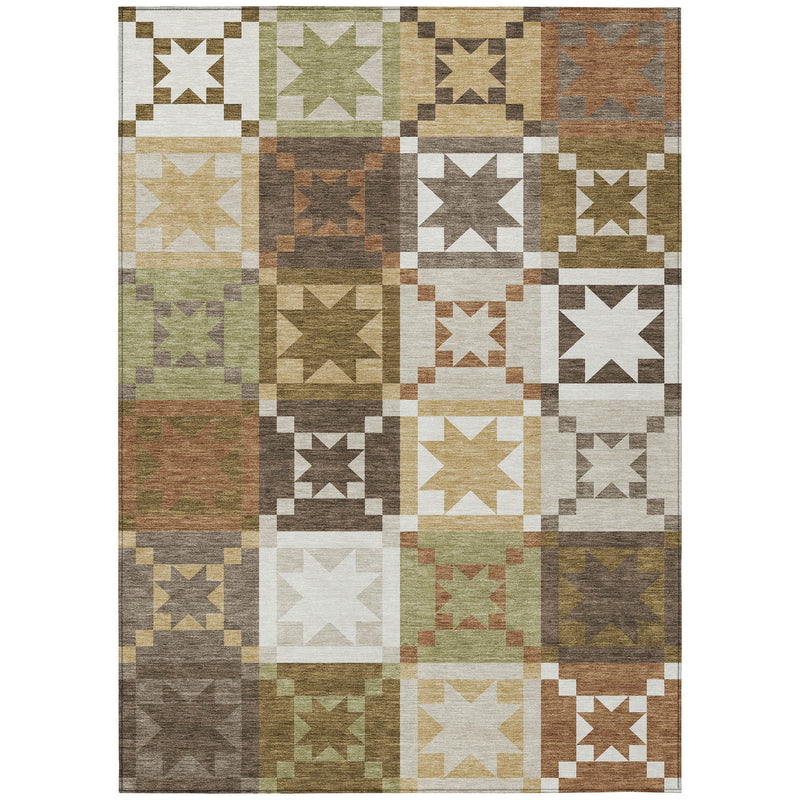 Multicolor patchwork area rug with grid of star blocks in brown, green, tan