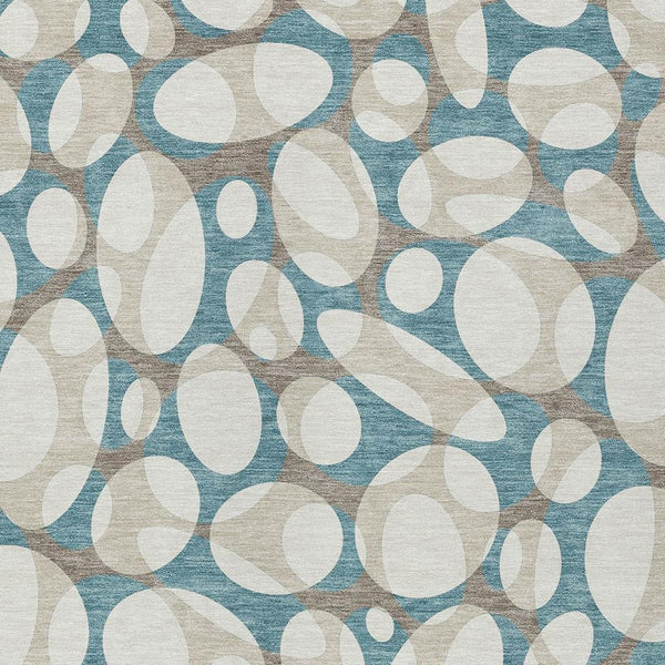 Teal and ivory abstract oval pattern washable indoor outdoor area rug