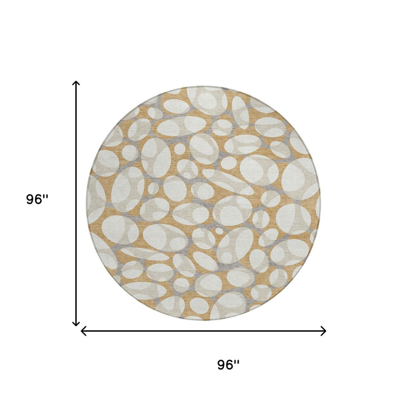 Round area rug, 96 in diameter, abstract oval circle pattern in beige and gray