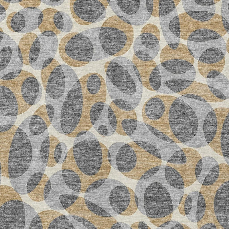 Abstract area rug top view with repeating gray and beige oval motif