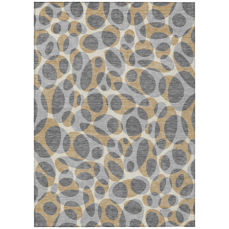 Rectangular abstract area rug in gray and beige with oval pattern and dark edging