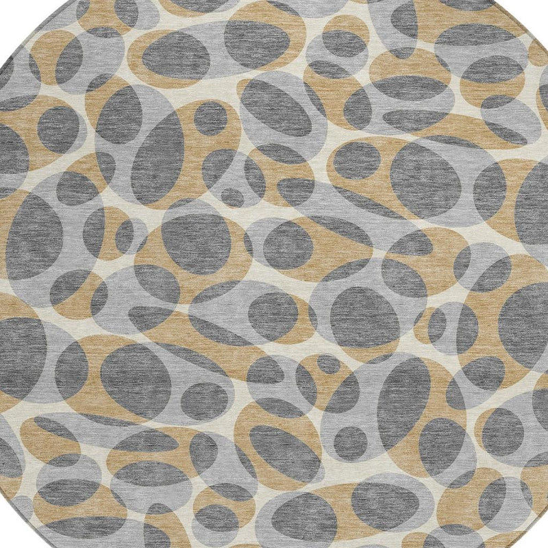 Round area rug with gray and beige abstract oval pattern on a cream background