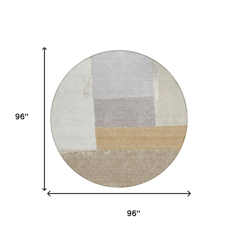 Round patchwork rug with light gray, ivory, beige blocks; size marked 96"