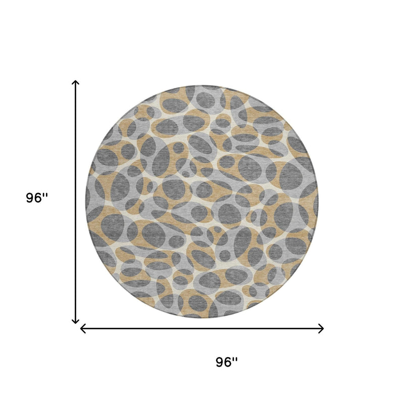 96" round area rug with gray and beige abstract oval pattern on light background