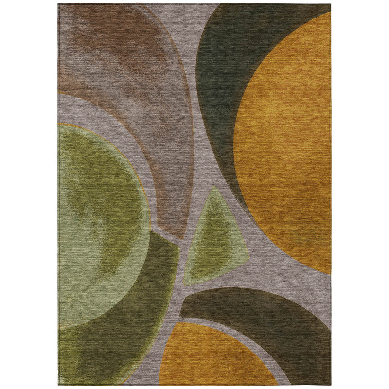 Abstract area rug full view on white, taupe, olive green, and golden brown pattern.