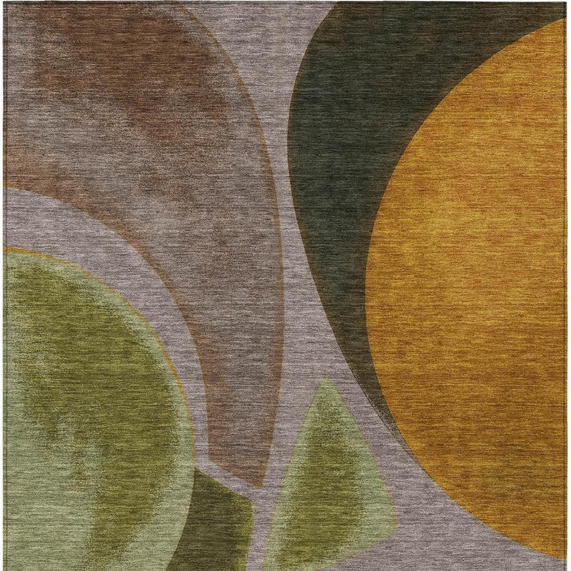 Abstract area rug top view, taupe base with dark green and golden circular forms.