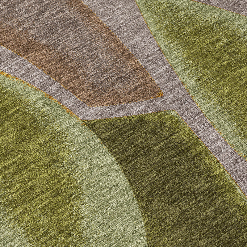 Abstract area rug fabric close-up, heathered taupe, green and muted brown arcs.
