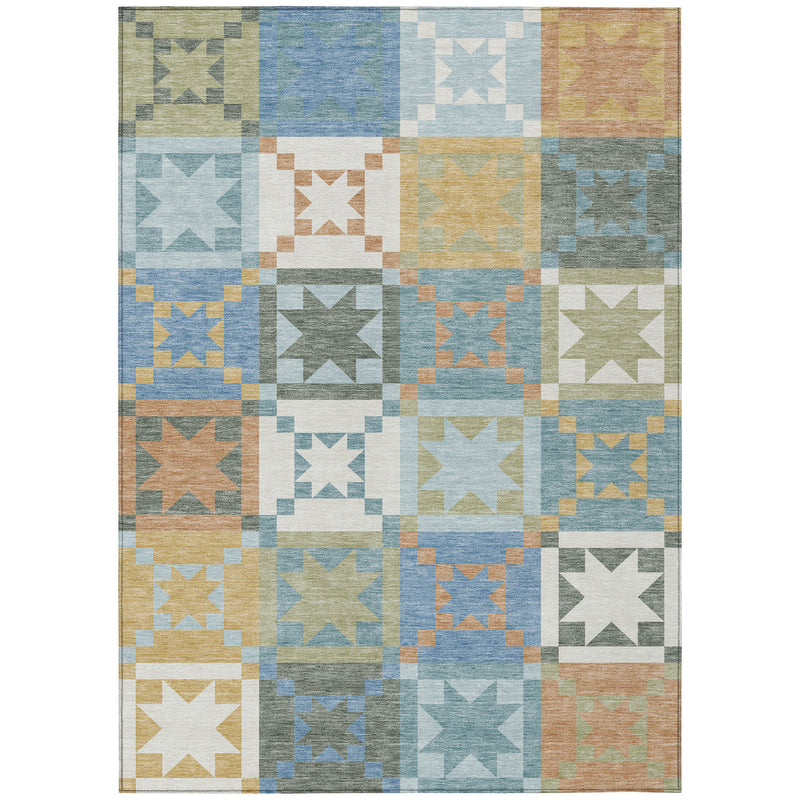 Full view of blue and green patchwork area rug with star-square design