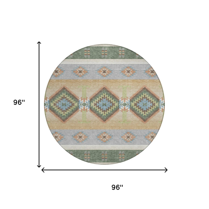 Round area rug, Southwestern band pattern in green, tan, blue; 96 in diameter