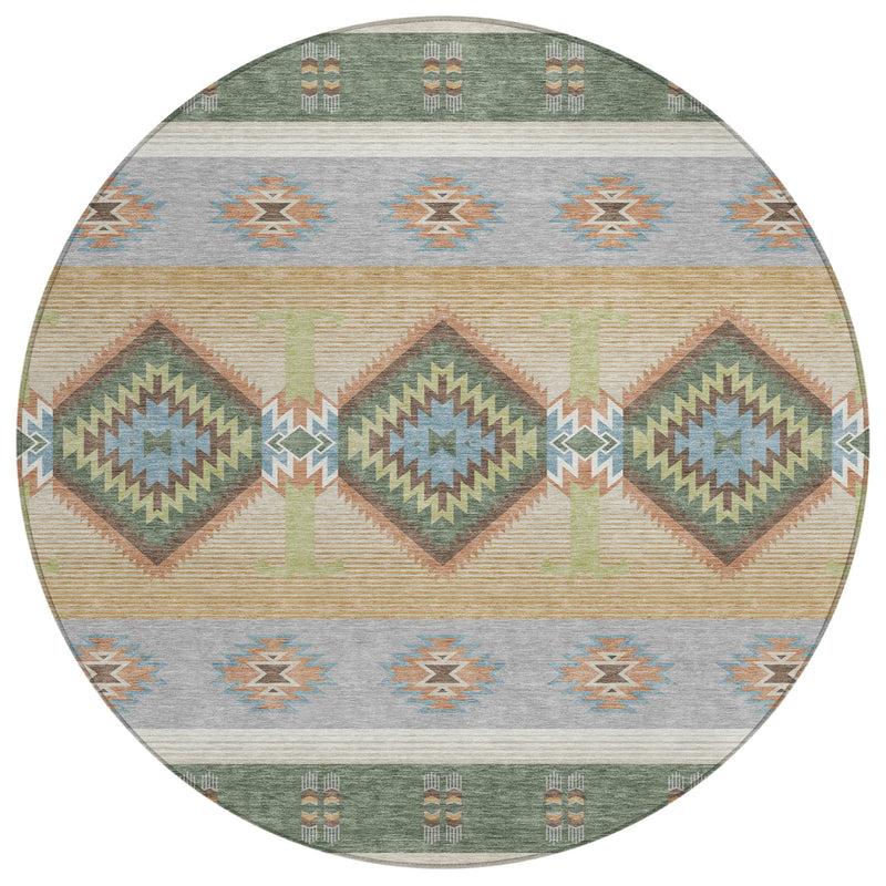 Round southwestern area rug with repeating diamonds, zigzags, and border accents in green and blue