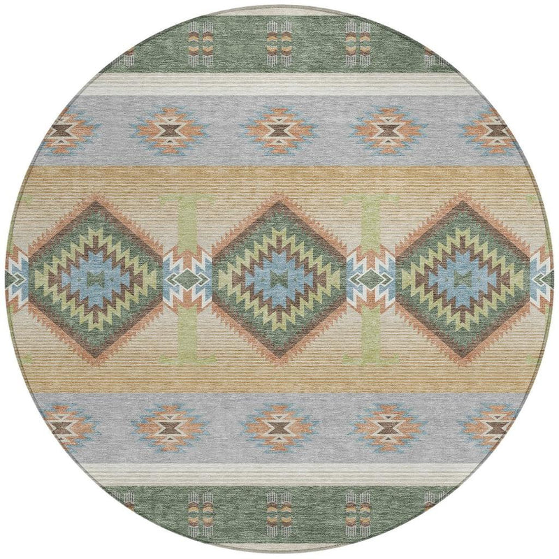 Round southwestern area rug with central diamond motif, zigzags, and striped borders in green