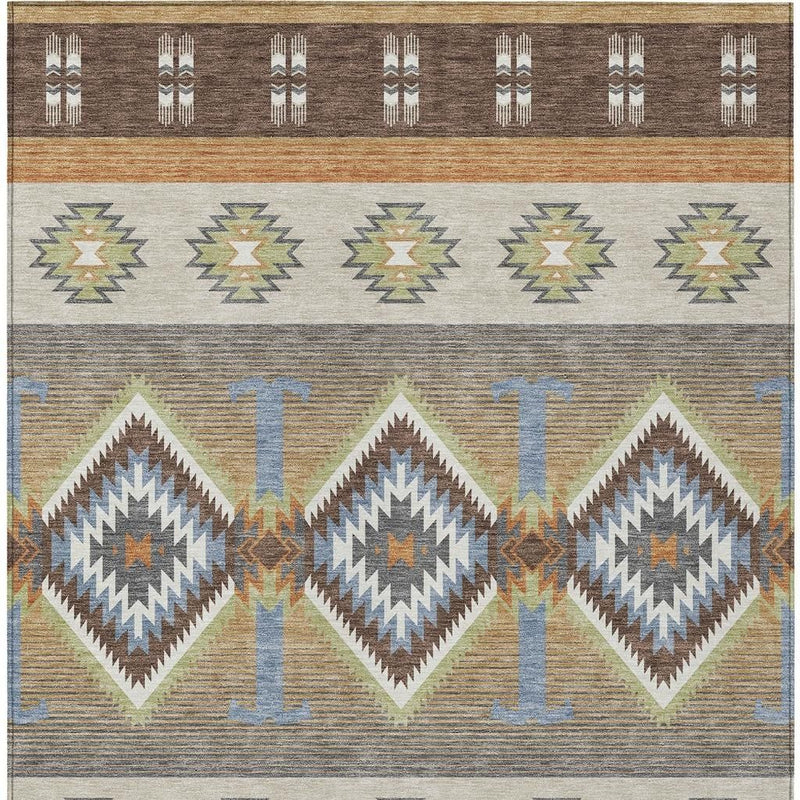 Southwestern area rug with central diamond pattern in brown, cream, blue, and copper