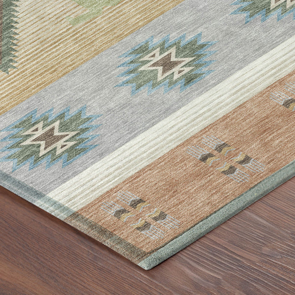 Copper and silver southwestern area rug with geometric border and medallions