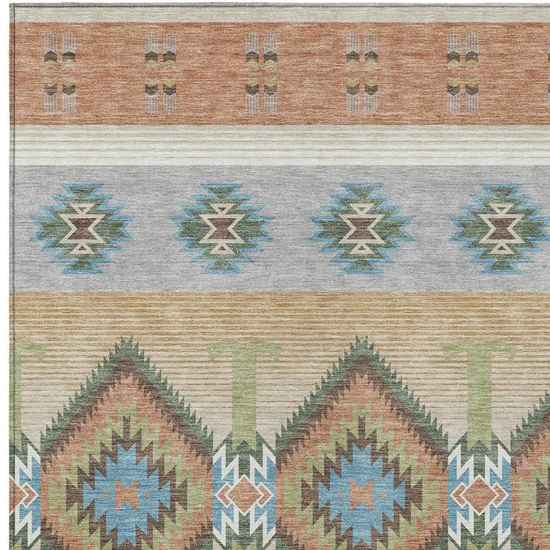 Copper and silver southwestern area rug with stacked diamond and zigzag pattern