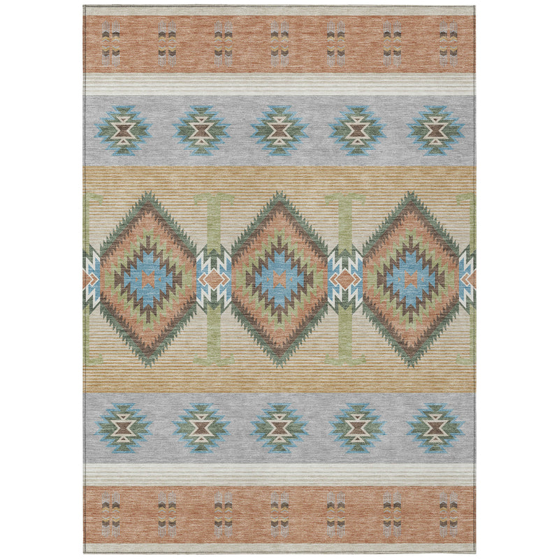 Southwestern area rug with centered diamond motifs, multicolor zigzags, and border bands