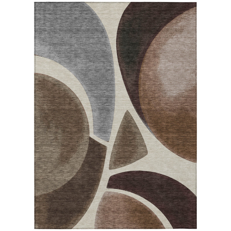 Abstract area rug featuring overlapping gray, brown, and beige curves with cream accents