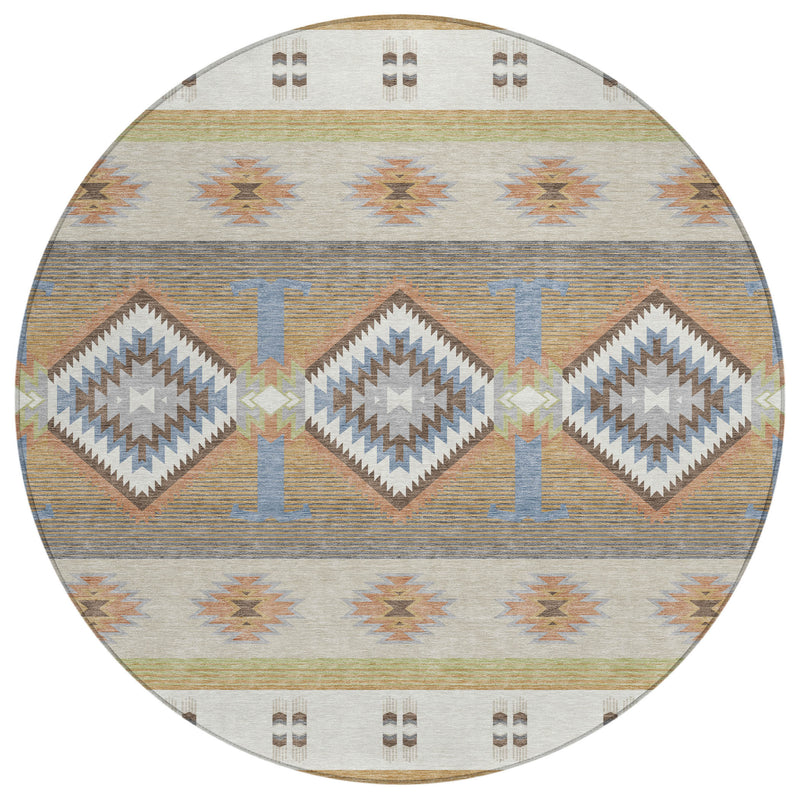 Round area rug with geometric border and repeating tribal diamonds in ivory and tan tones
