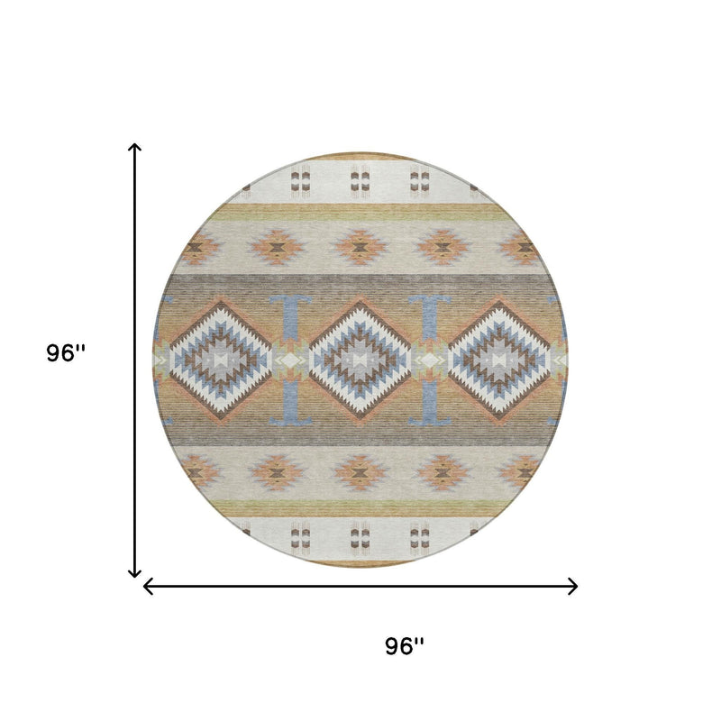 8 ft (96 in) round area rug, southwestern pattern in ivory, beige, blue, and rust