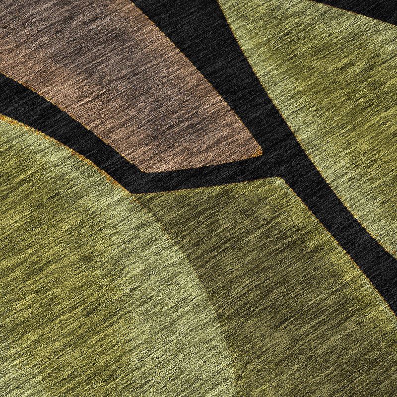Abstract area rug close-up with textured olive green and brown curves separated by black lines