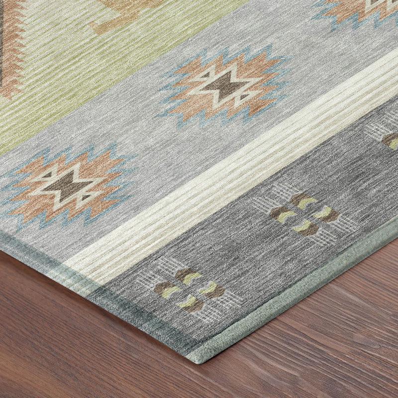 Corner view of Southwestern area rug with multicolor woven border and diamond accents