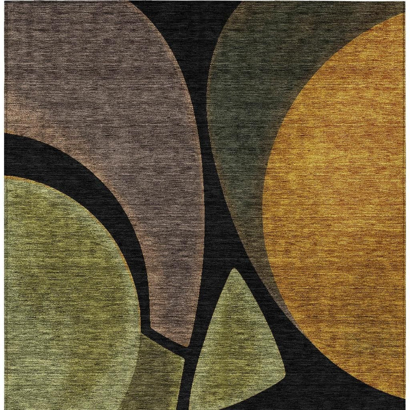 Abstract rug with brown, green, and gold fields separated by thick black arcs.