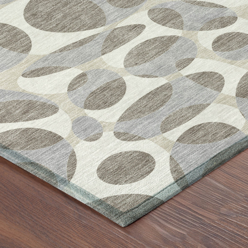 Area rug corner with teal-gray border and taupe and brown oval pattern