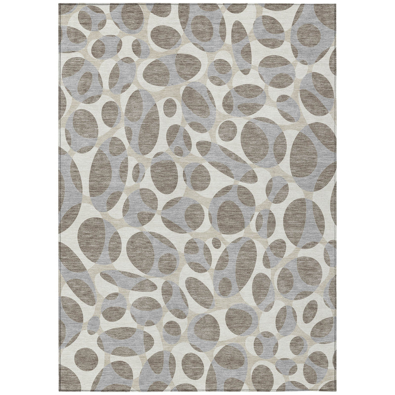 Taupe and brown abstract area rug with oval pattern and dark border