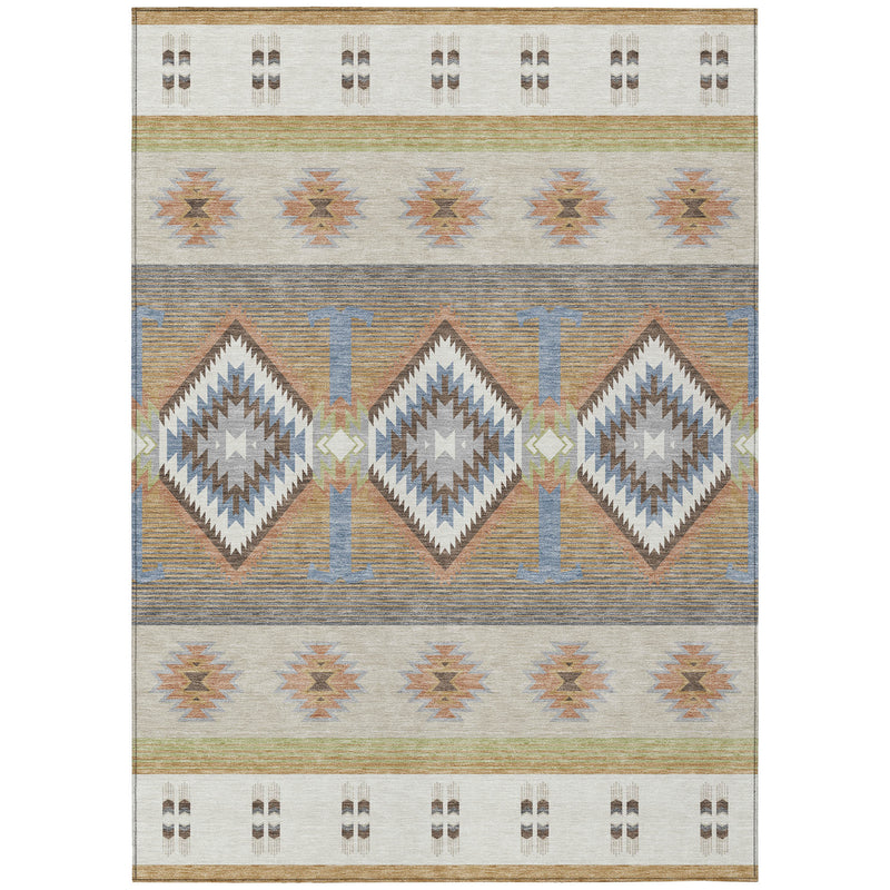 Southwestern area rug with ivory field, blue-gray stripes, and beige diamond medallions