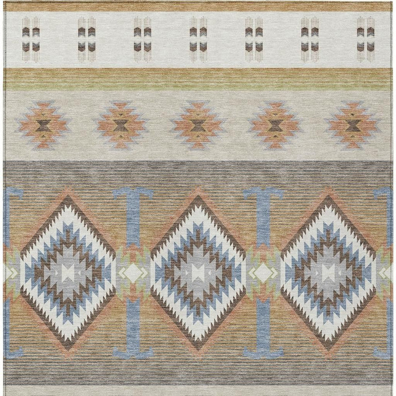 Ivory southwestern rug with repeating diamond motifs, zigzags, and multicolor horizontal stripes