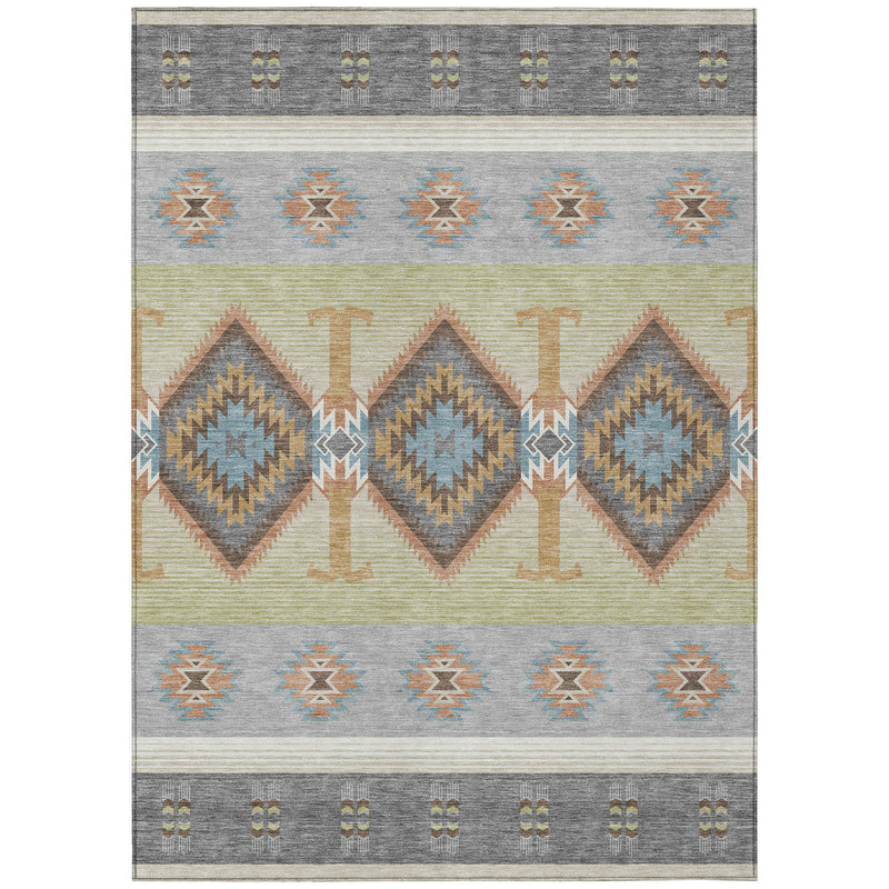 Full view gray indoor outdoor area rug with cream bands, orange and blue diamonds, zigzag motifs