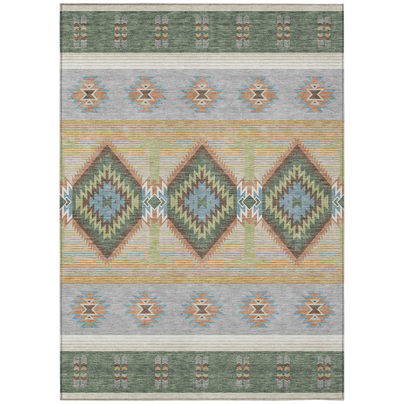 Southwestern area rug full design with green border, tan stripes, and diamond motifs