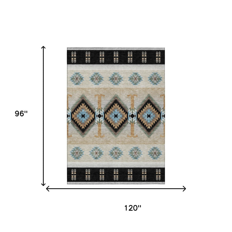 Southwestern area rug, 120 in wide x 96 in long, black border with blue motifs