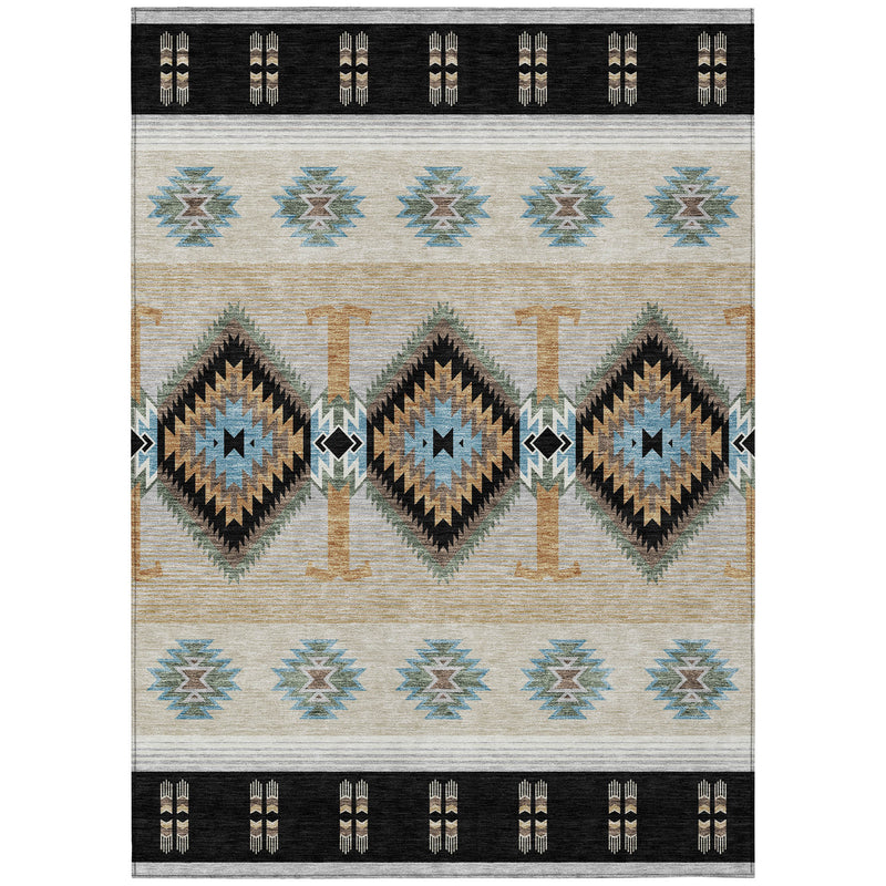 Southwestern area rug with black border, off-white field, tan stripes, blue geometric motifs