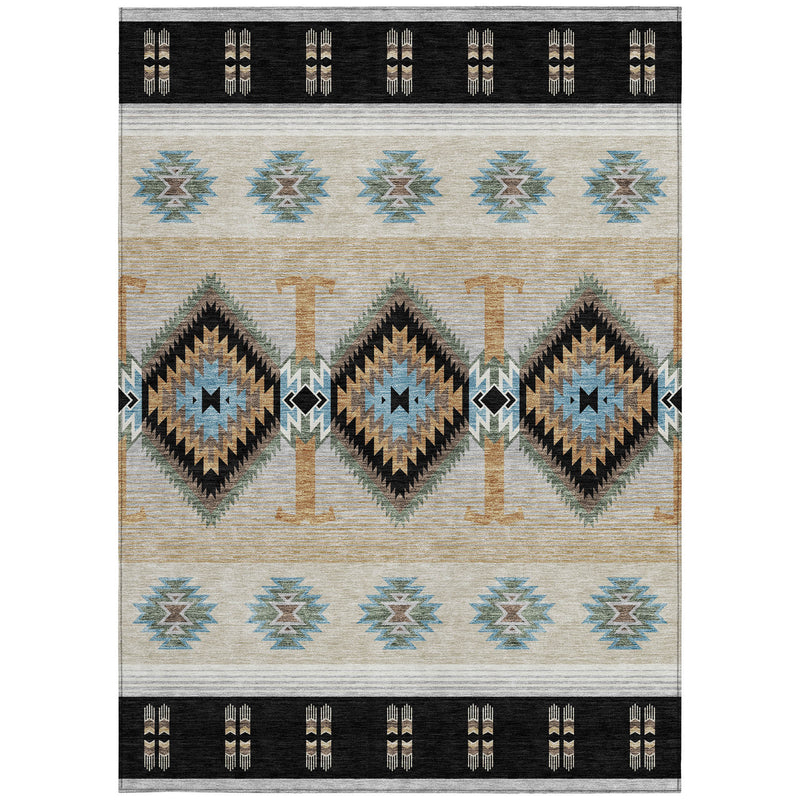 Rectangular Southwestern area rug with black border and central row of blue diamond motifs