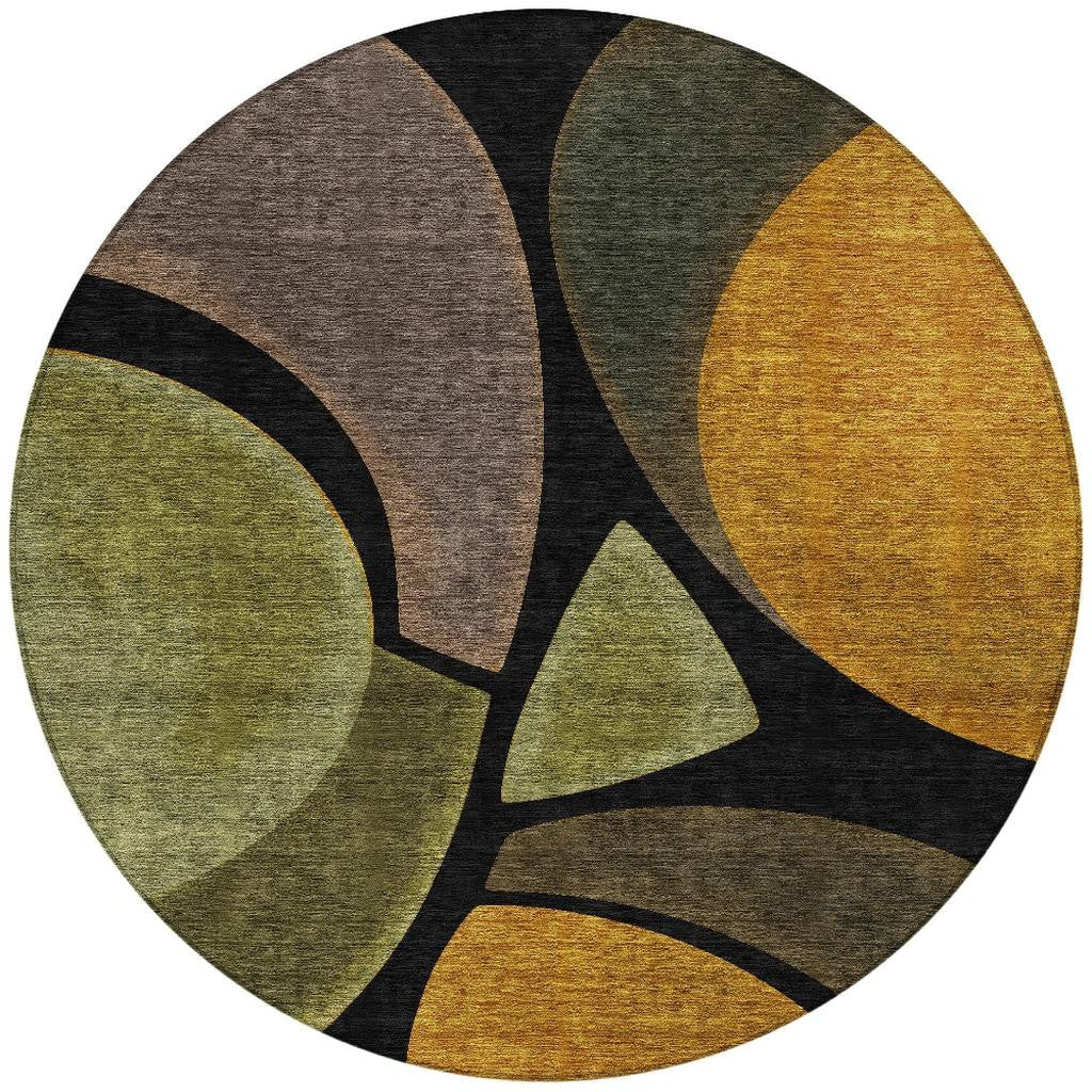 8' Black And Green Round Abstract Washable Indoor Outdoor Area Rug - Sports & Outdoor