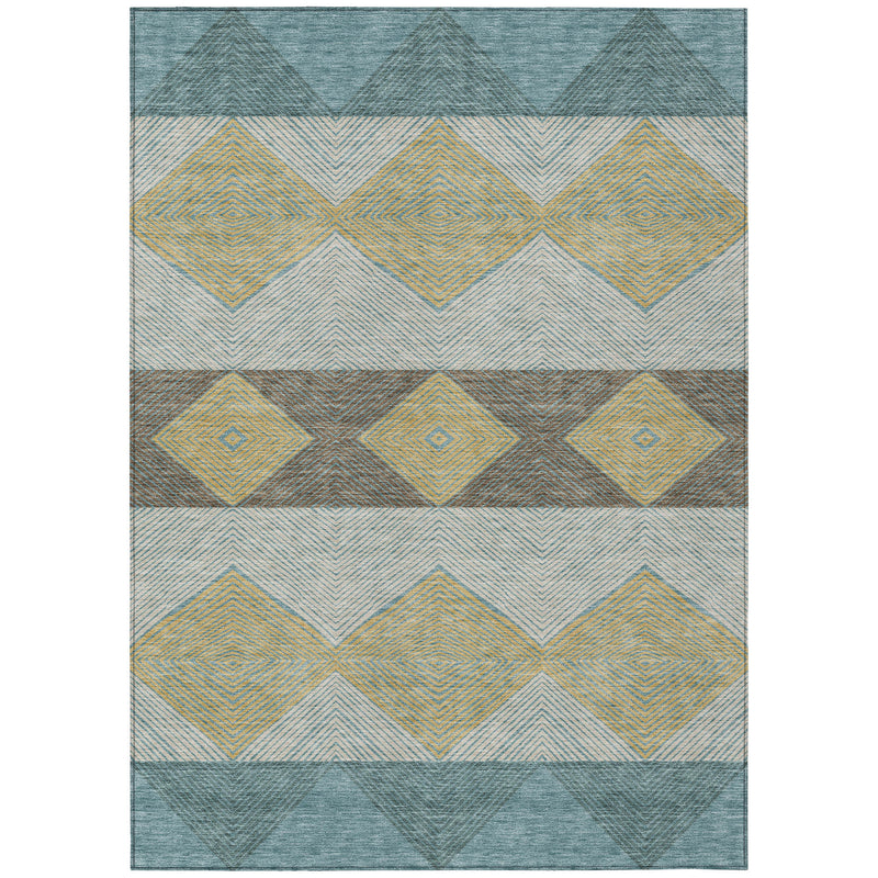 Teal blue, gold, and light gray geometric area rug with horizontal bands
