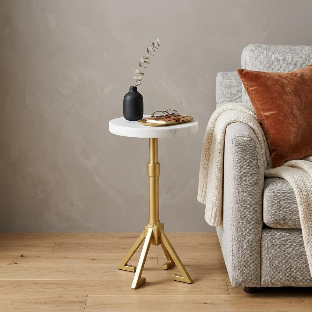 22" White And Gold Marble And Iron Round Pedestal End Table - Living Room