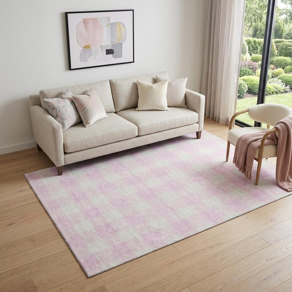 5' X 8' Pink And Ivory Plaid Washable Area Rug With UV Protection - Home & Garden