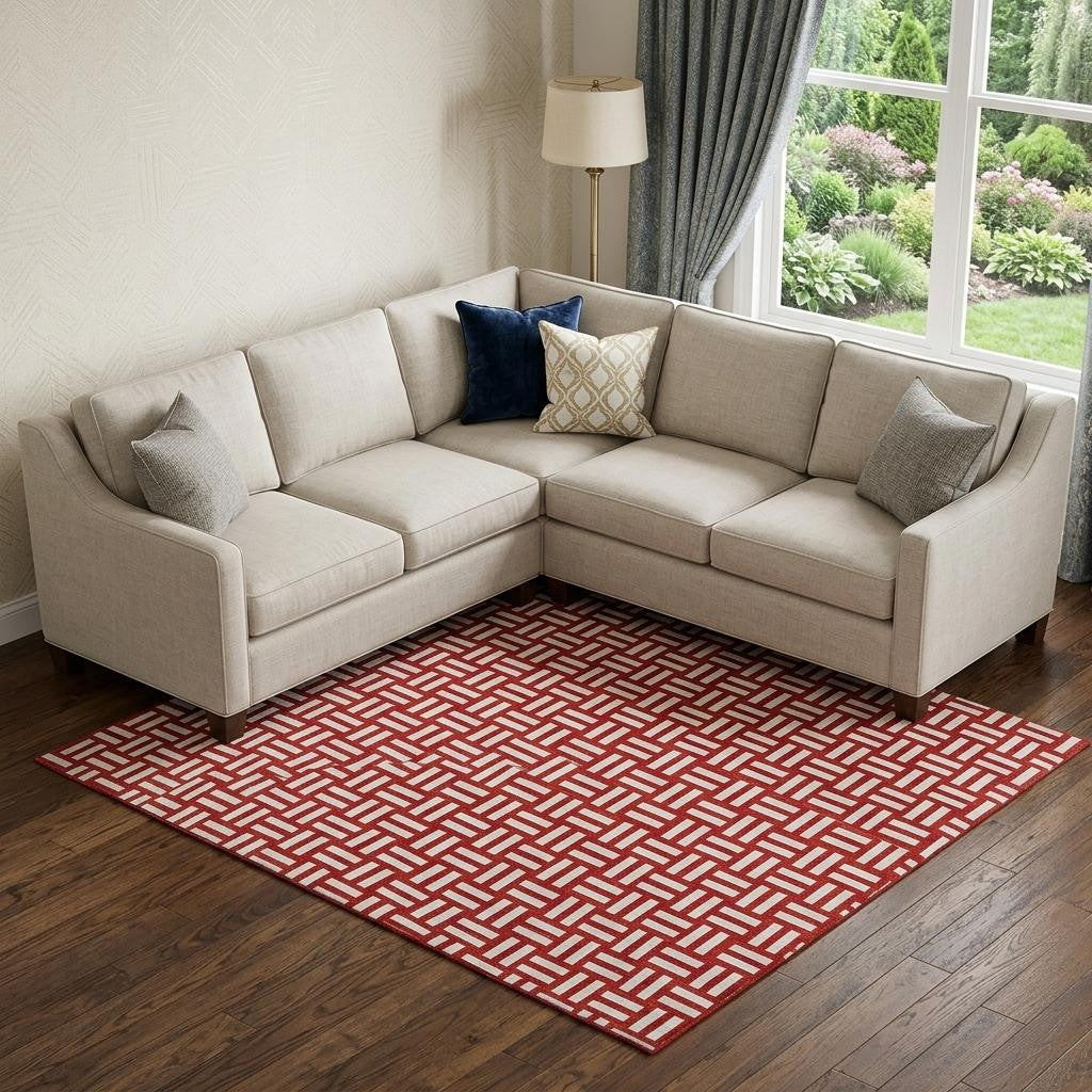 10' X 14' Red And Ivory Abstract Geometric Washable Area Rug With UV Protection - Home & Garden