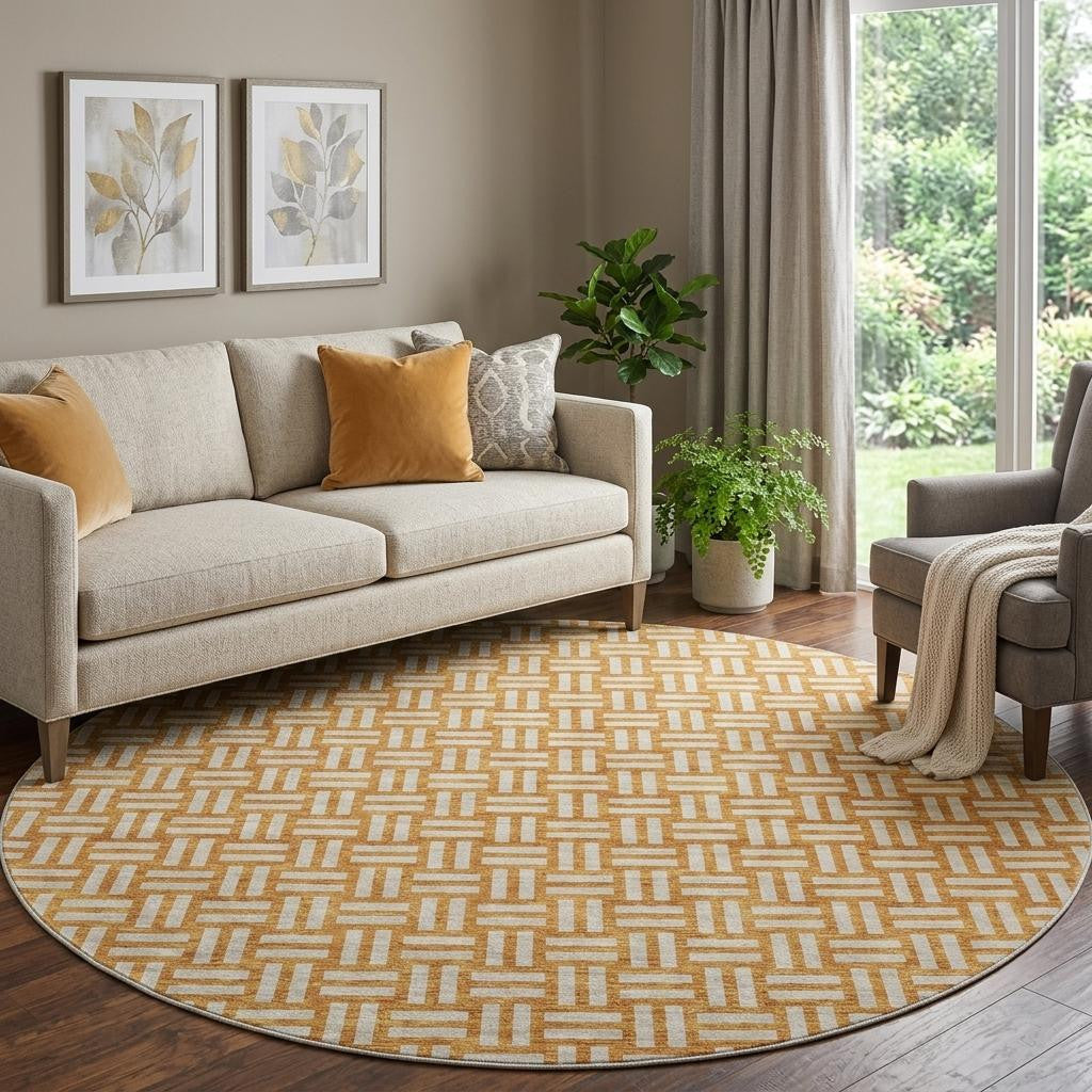 8' Terra Cotta And Beige Abstract Geometric Washable Round Rug With UV Protection - Home & Garden