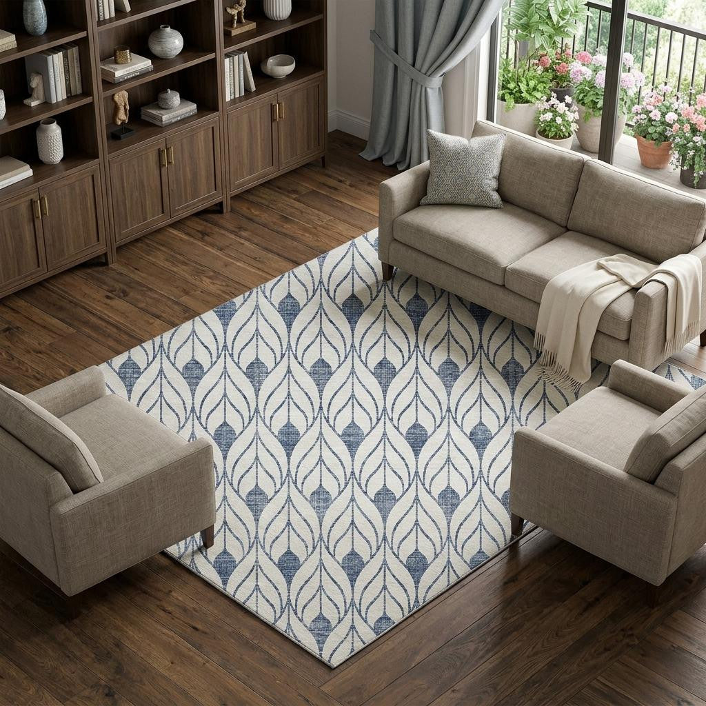 8' X 10' Blue And Ivory Geometric Washable Area Rug With UV Protection - Home & Garden