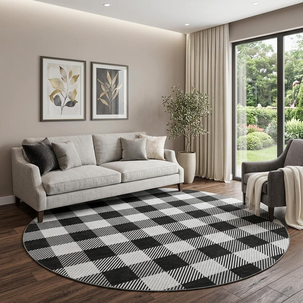 8' Black And Ivory Plaid Washable Round Rug With UV Protection - Home & Garden
