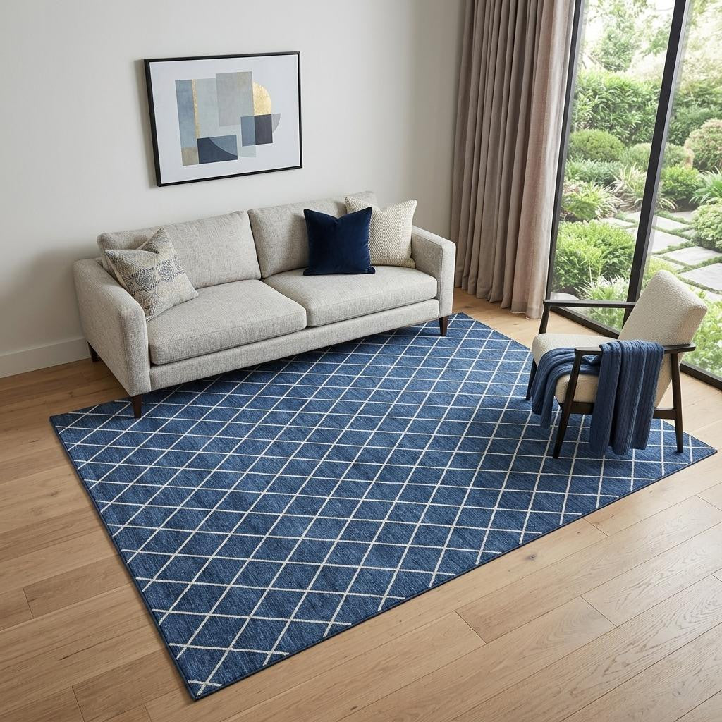 5' X 8' Navy Blue And Ivory Geometric Washable Area Rug With UV Protection - Home & Garden