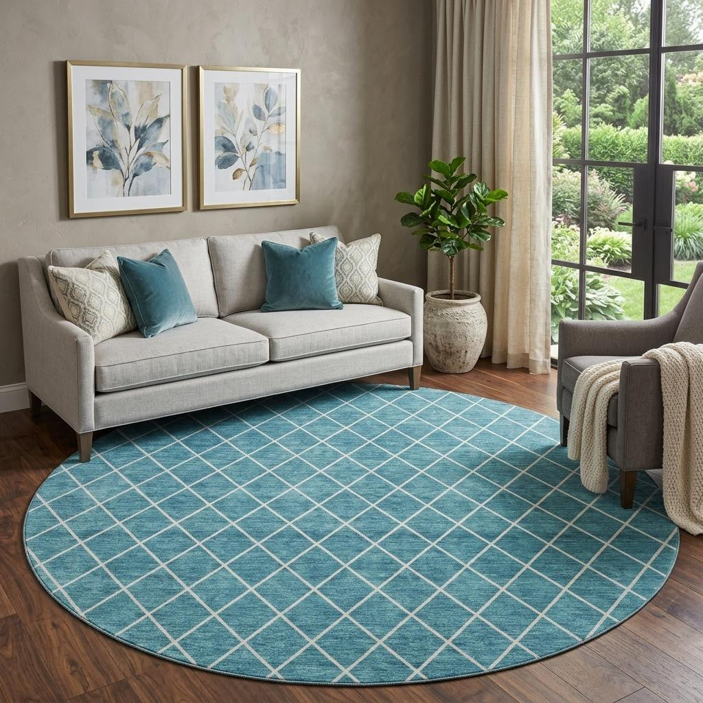 8' Teal And Ivory Geometric Washable Round Rug With UV Protection - Home & Garden