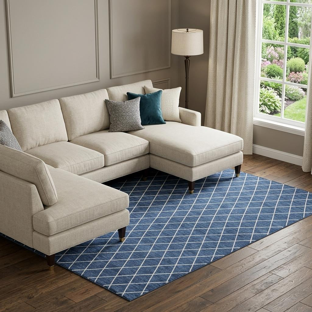 10' X 14' Navy Blue And Ivory Geometric Washable Area Rug With UV Protection - Home & Garden