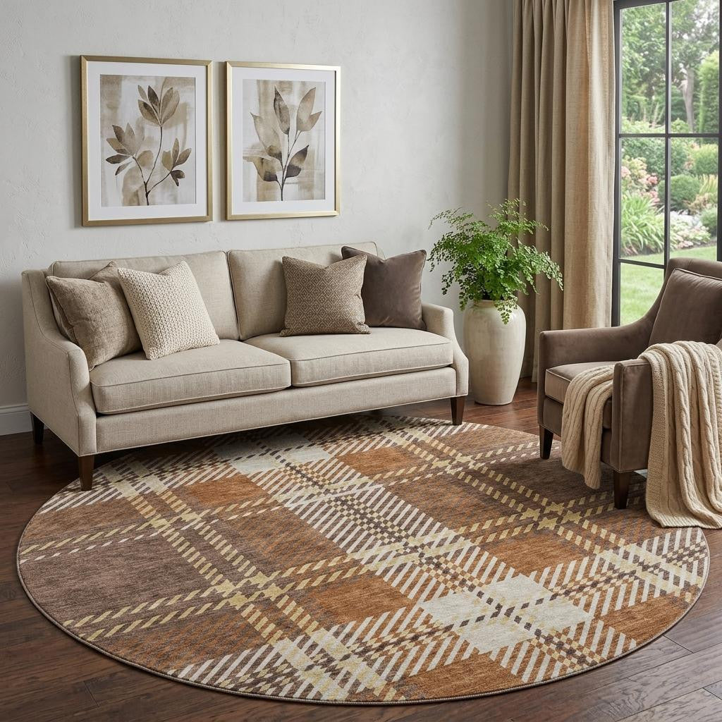 8' Chocolate Beige And Gold Plaid Washable Round Rug With UV Protection - Home & Garden