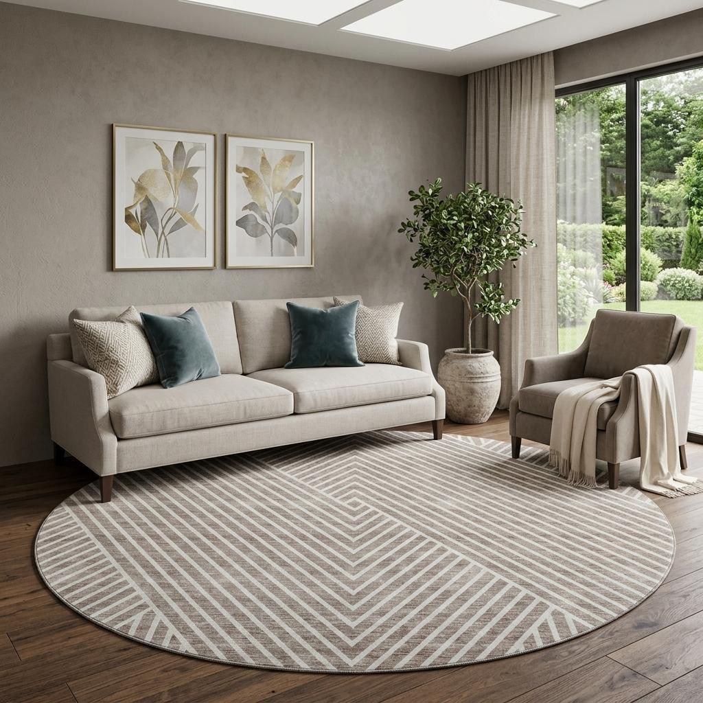 8' Taupe And Ivory Geometric Washable Round Rug With UV Protection - Home & Garden