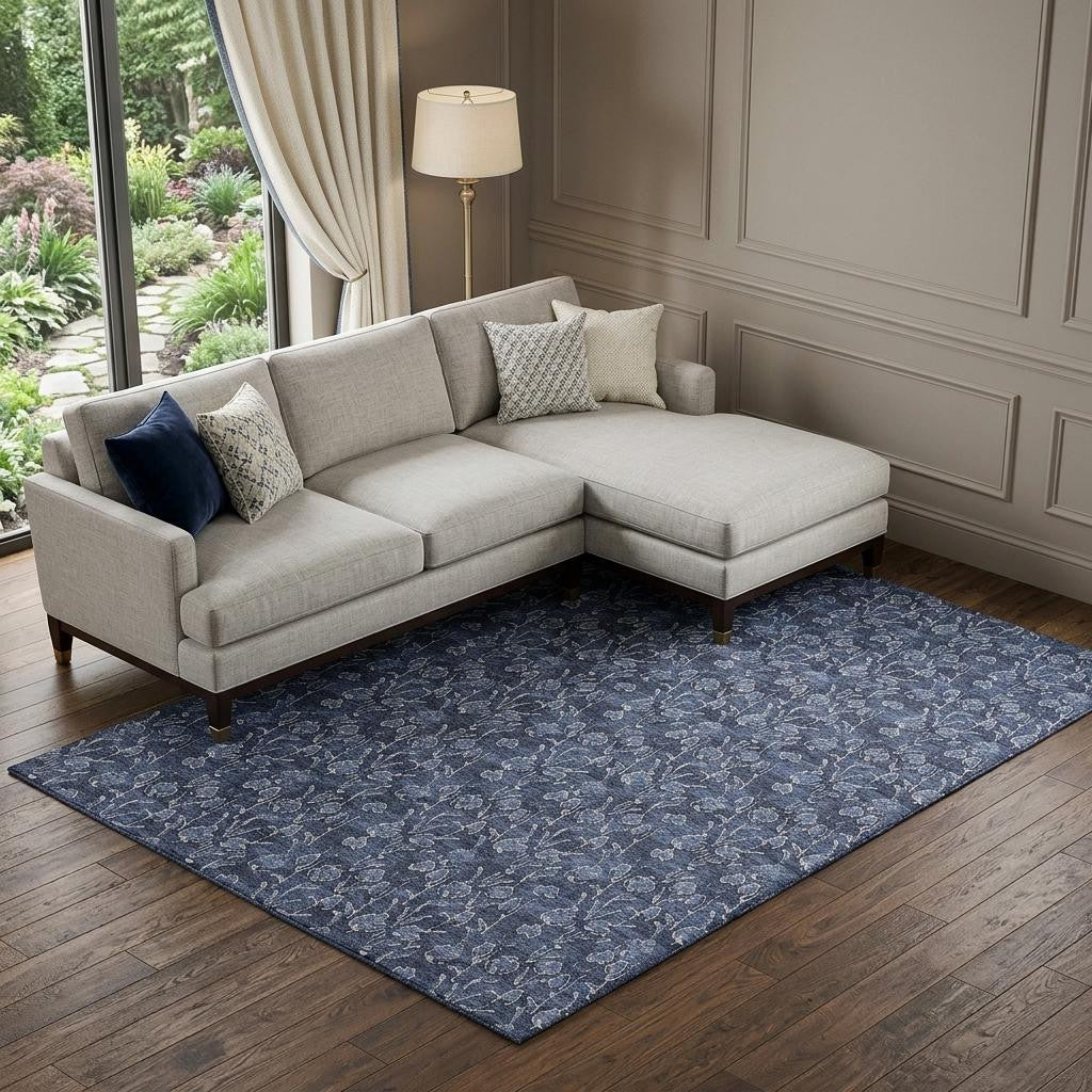 10' X 14' Navy Blue And Ivory Floral Washable Area Rug With UV Protection - Home & Garden