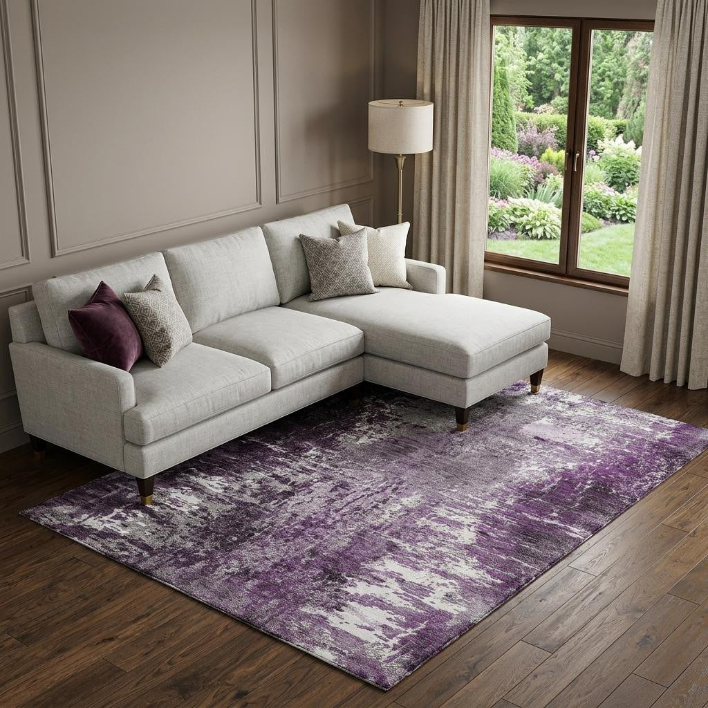 10' X 14' Eggplant And Ivory Abstract Washable Area Rug With UV Protection - Home & Garden