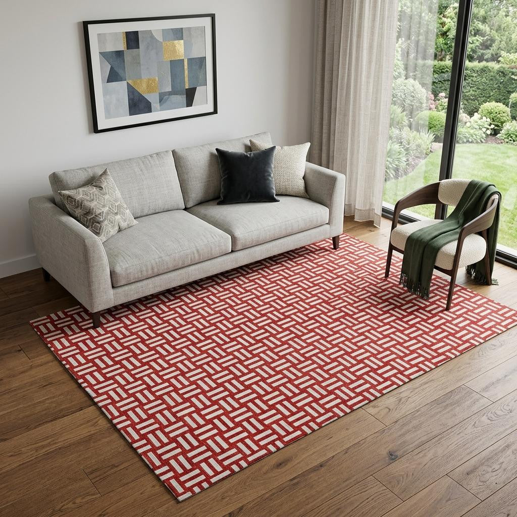 5' X 8' Red And Ivory Abstract Geometric Washable Area Rug With UV Protection - Home & Garden